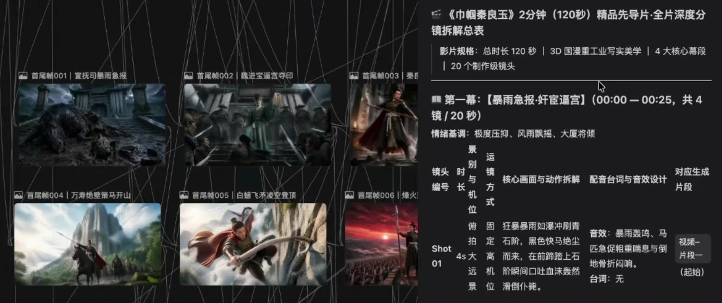 Seko 分镜拆解总表与对应画面，其中一段时间标注为零至二十五秒，小计却写二十秒