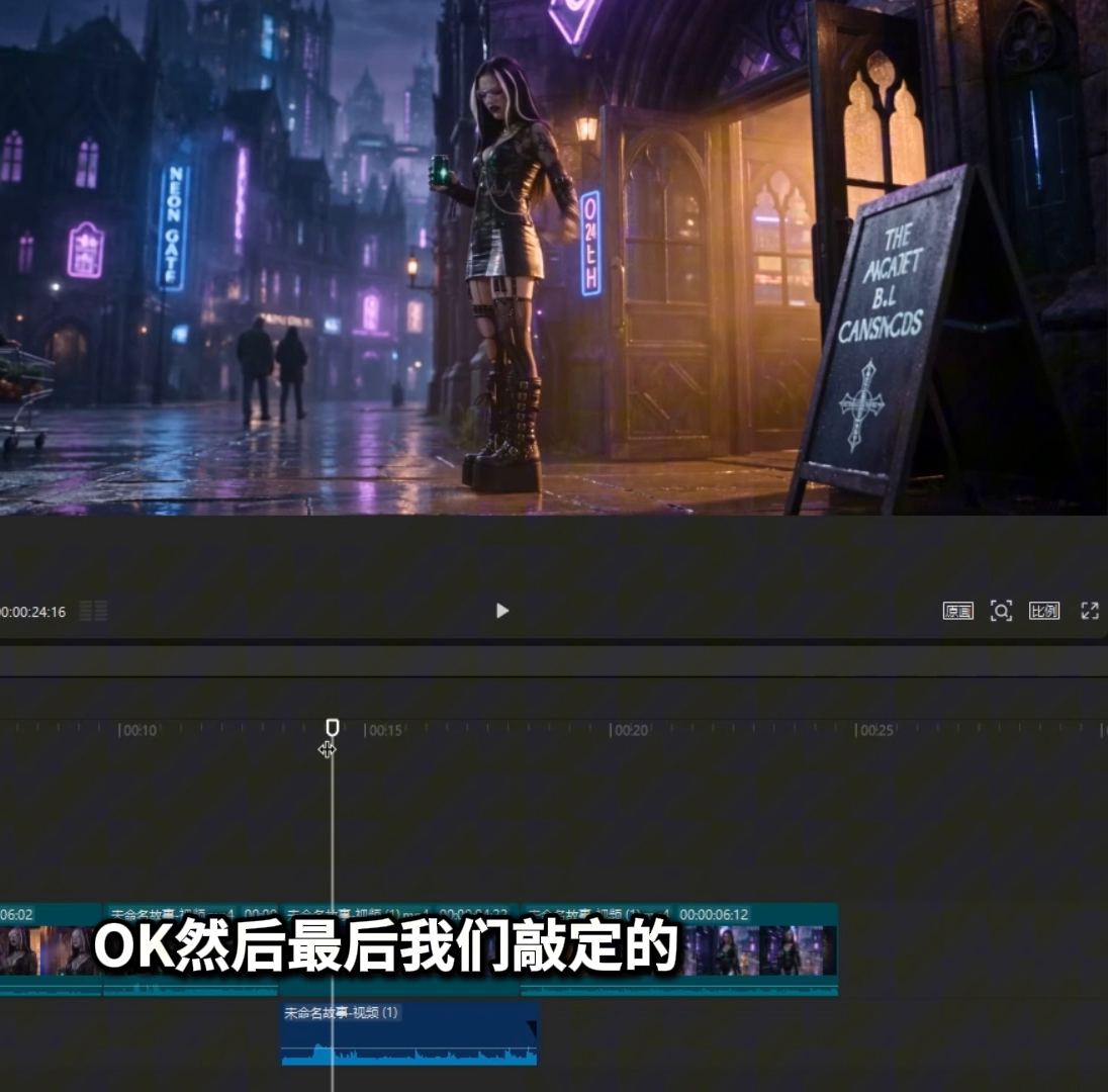 剪辑软件中，便利店不同候选片段被放在同一视频轨道，下方保留声音波形