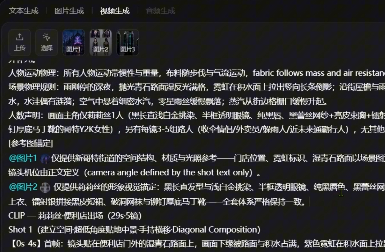 视频输入框已挂载场景、角色四宫格、易拉罐三份参考，并在提示词中声明各自职责